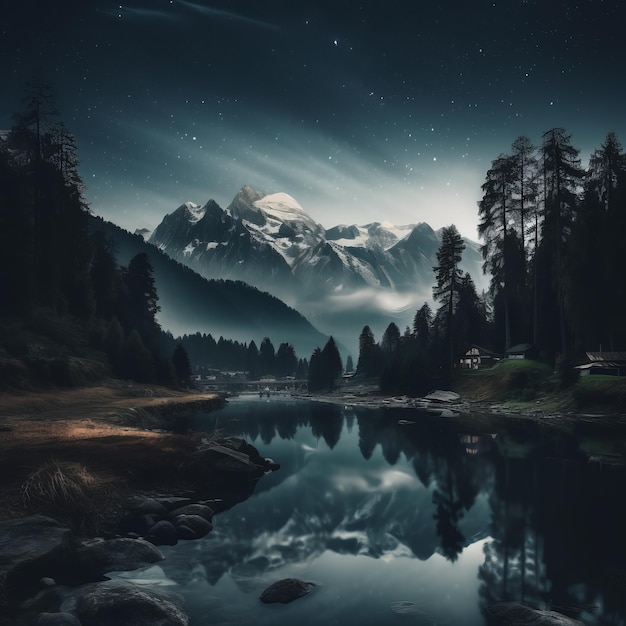 Nighttime Nanga Parbat Landscape With Pine Trees Lake And River