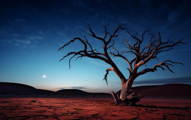 Nighttime Oasis Dry Tree in Desert Embrace Generative AI