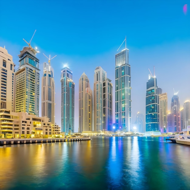 Nighttime panorama of Dubai Marina Skyline Yacht Harbor Architecture