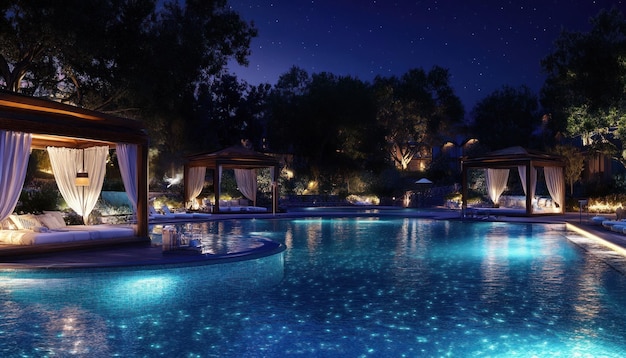 Photo nighttime poolside relaxation with cabanas and starry sky