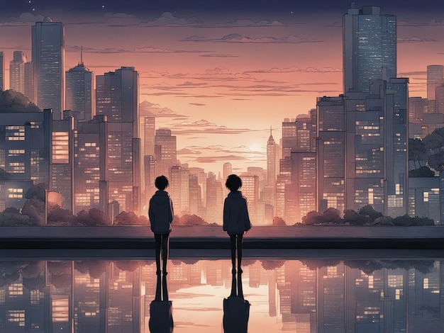 Nighttime reflections lofi manga wallpaper of a sad yet beautiful scene with cityscape