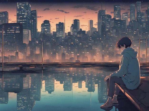 Nighttime reflections lofi manga wallpaper of a sad yet beautiful scene with cityscape