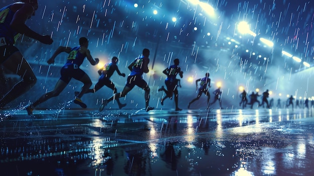 Photo nighttime relay race under floodlights with athletes sprinting on wet track in the rain