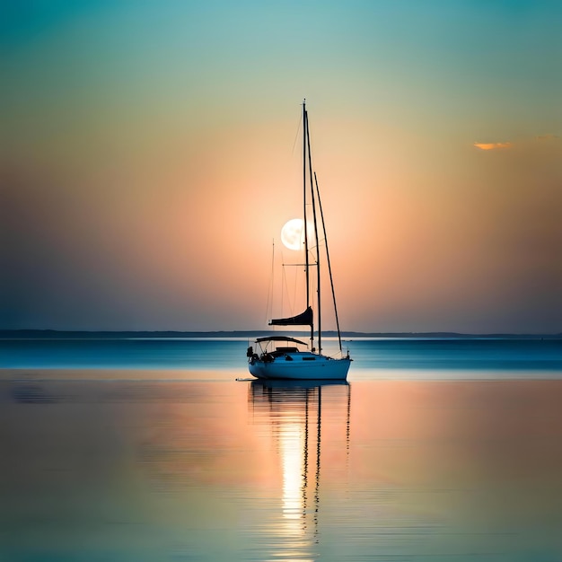 Nighttime Sailboat Scene Full Moon Over the Water