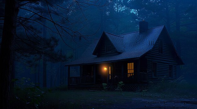 nighttime scene of a cabin in the woods with a light on generative ai