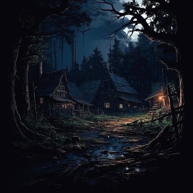 nighttime scene of a cabin in the woods with a stream running through it generative ai