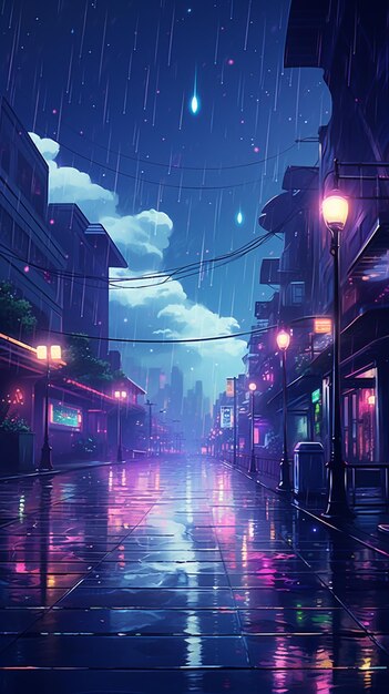 nighttime scene of a city street with a rainy street light generative ai