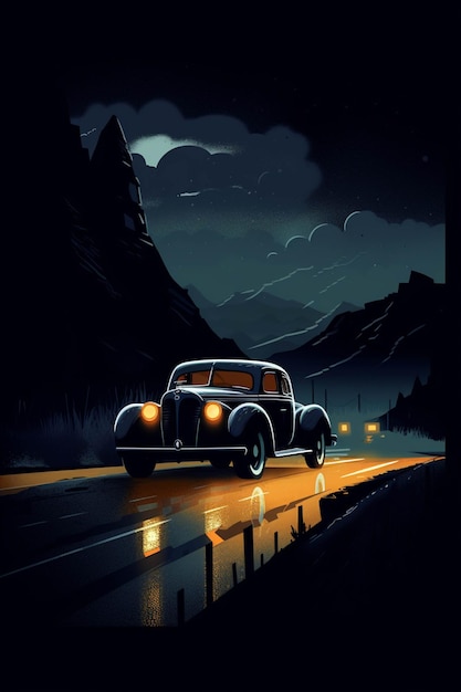 Nighttime scene of a classic car driving down a road with mountains in the background generative ai