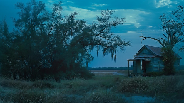 Nighttime scene of a small house in a swamp with trees