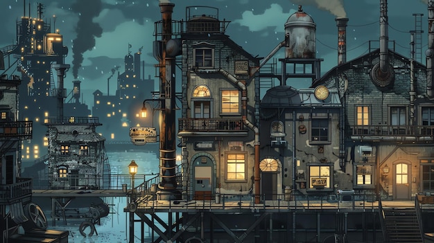 Nighttime scene of a steampunk city with buildings and lights