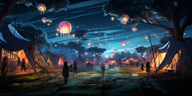 nighttime scene of a tent with people standing in the grass generative ai