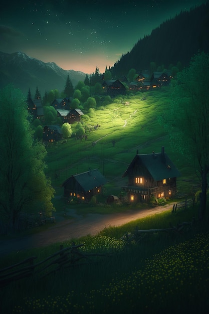 Nighttime scene of a village in the mountains with road and small house generative ai