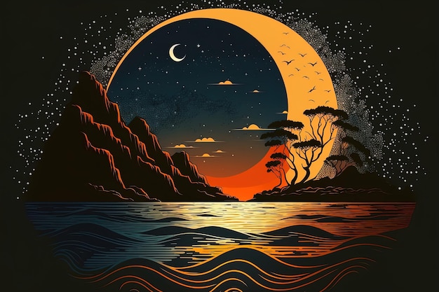 Nighttime seascape with a starry sky an orange sunset and moonlight