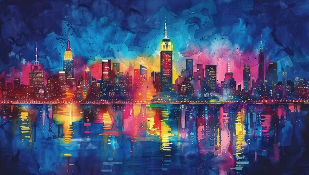 Nighttime Skyline Watercolor Painting