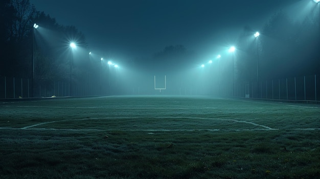 Nighttime Soccer Field with Goal in Fog Atmospheric Football Field Image