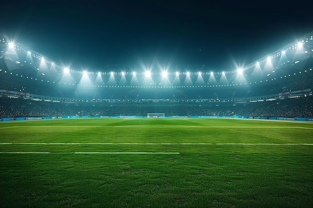 Nighttime soccer stadium with lights grass field and stands filled with fans the background featu