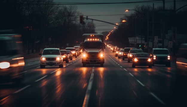 Nighttime traffic jam on busy city street generated by AI