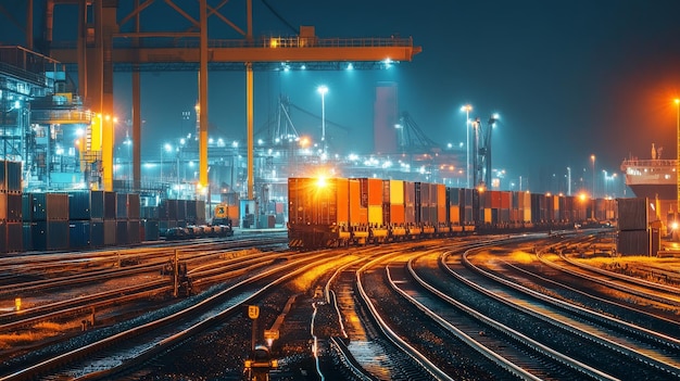 Photo nighttime train transport at a busy cargo port a train carrying cargo containers moves along