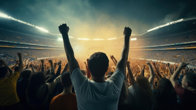 Nighttime Victory Roar Back View of Euphoric Soccer Fans Cheering in a Packed StadiumxA