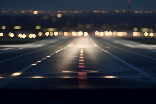 Nighttime View of Airplane Runway with Terminal Lights