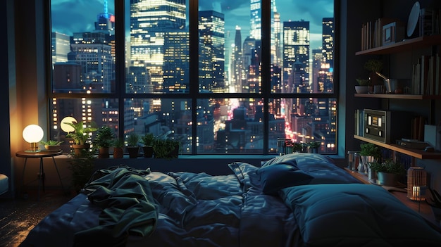 Nighttime view dark bedroom overlooking new york skyline in hyper realistic style