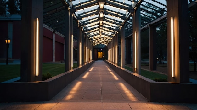 Nighttime view of an empty urban walkway with streetlights