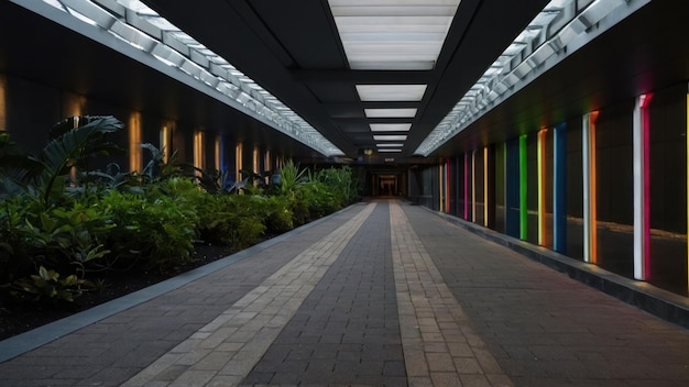 Nighttime view of an empty urban walkway with streetlights