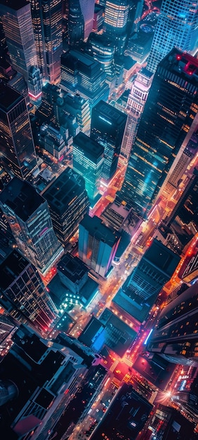 A nighttime view of a financial district skyscrapers illuminated a network of global finance in operation viewed from above