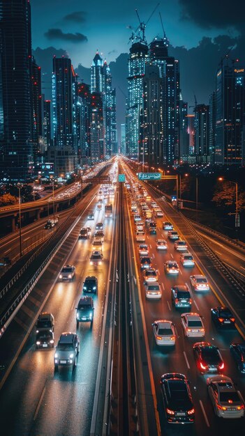 Photo nighttime view of a highway filled with cars overlooking a cityscape with skyscrapers