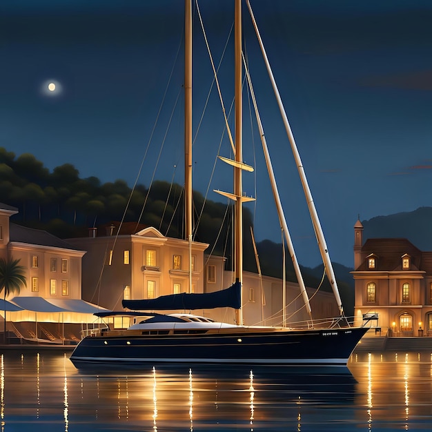 Nighttime View of a Sailing Vessel in Luxury Port Setting