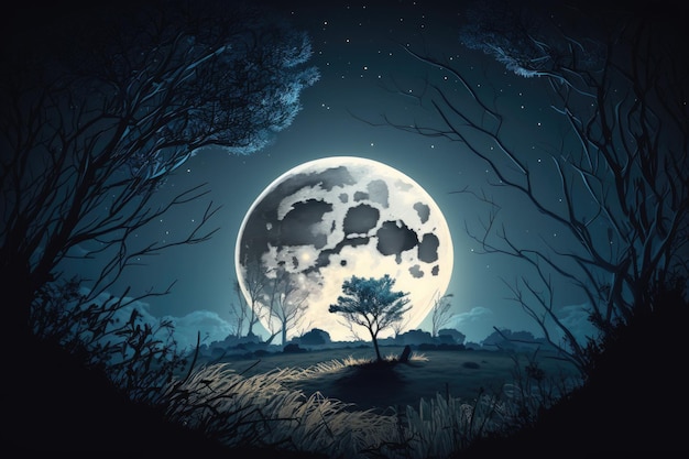 Nighttime with a dark blue sky and a full moon Illustration Created in a Format