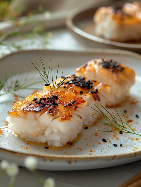 Nigiri Aburi with light background Seared fish on rice Japanese sushi close up