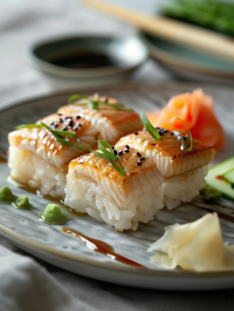 Photo nigiri aji sushi with light beige background seared fish on rice japanese nigiri close up