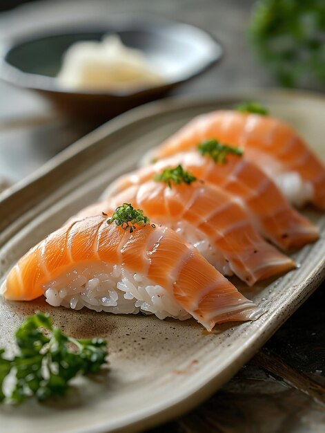 Nigiri Aji sushi with light beige background Seared fish on rice Japanese Nigiri close up