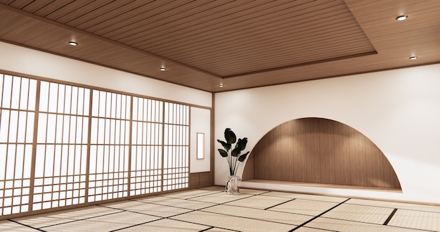 Nihon room design interior and cabinet shelf wall on tatami mat floor room japanese style. 3D rendering