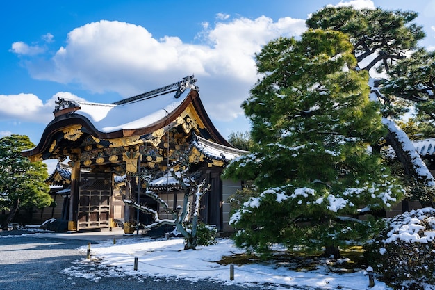 Nijo Castle Karamon Gate with snow on the roof in winter Kyoto Japan