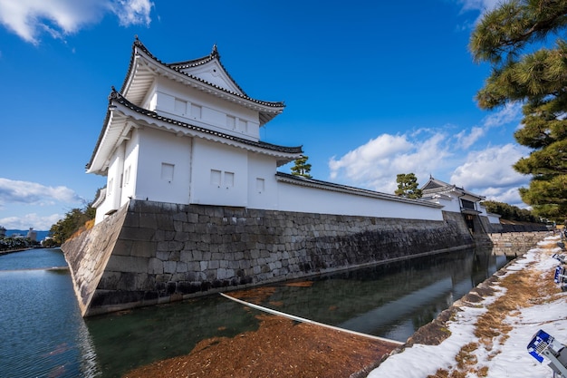 Nijo Castle moat Southeast Corner Yagura Turret with snow in winter Kyoto Japan