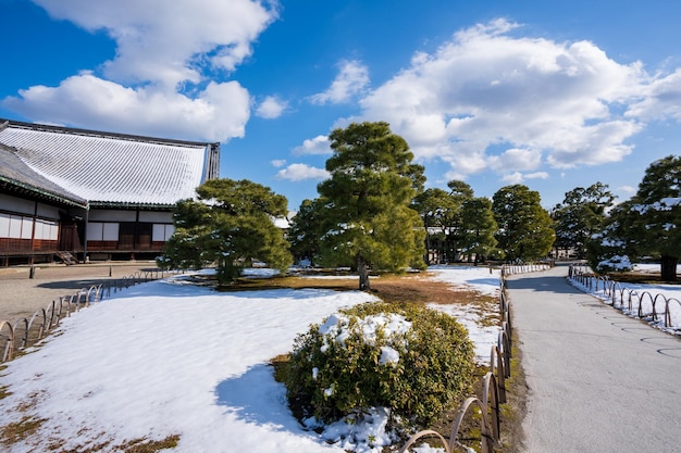 Nijo Castle Ninomaru Palace Garden with snow in winter Kyoto Japan