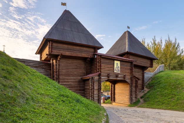 Nikolsky Gate of Dmitrov Kremlin Wooden entrance between earthen ramparts