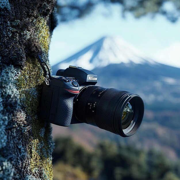 Photo a nikon camera hanging on a tree and focusing on a mountain in his display 8k stylize 1000