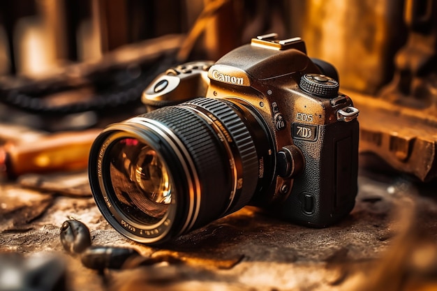 Nikon camera on a table with the lens