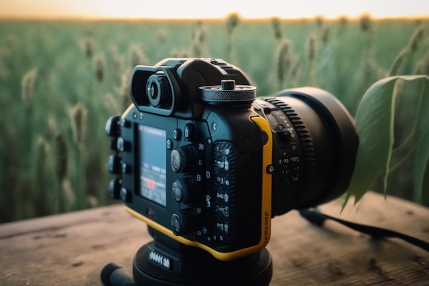 A nikon camera on a tripod with a sunset in the background.