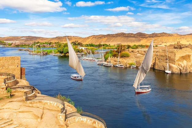 The Nile river scenery and traditional sailboats Aswan Egypt