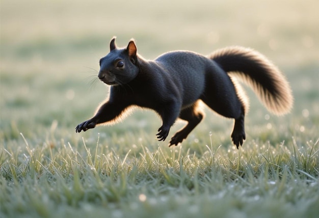 Photo a nimble squirrel is darting across a frost covered meadow at first light