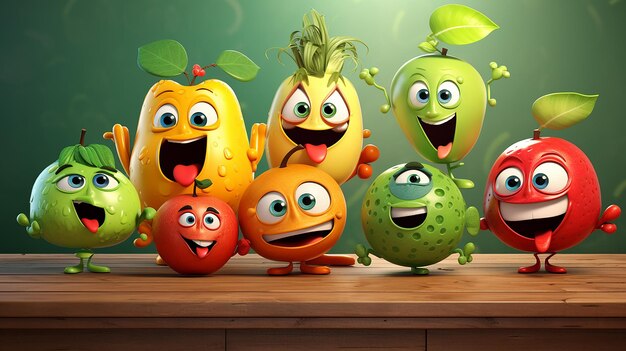 Nine Colorful Fruit Characters Laughing Together