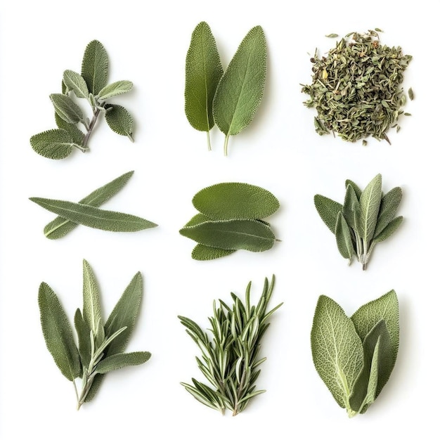 Photo nine different varieties of fresh herbs on a white background