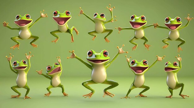 Photo nine happy green frogs in different poses perfect for a fun and playful design