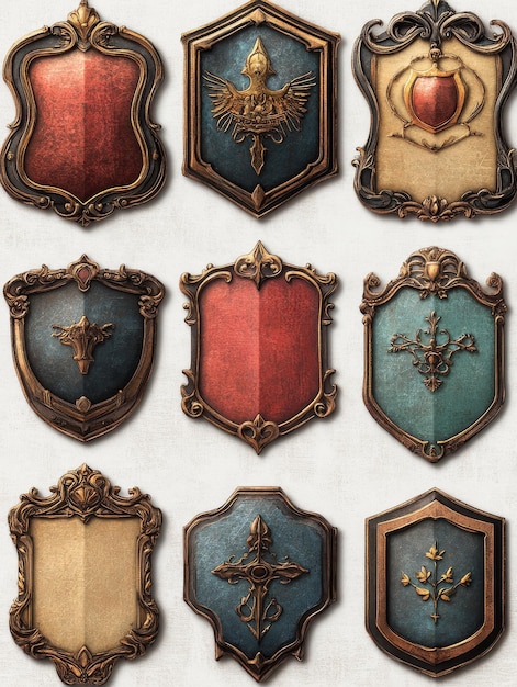 Photo nine ornate heraldic shields