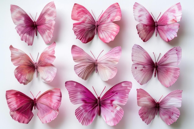 Nine pink butterflies on white background