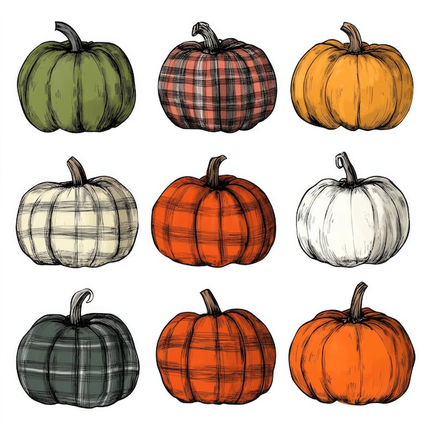 Photo nine plaidpatterned pumpkins in shades of green orange and white arranged in a grid format